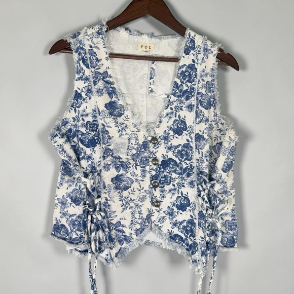 POL Sweaters - POL Womens Sz M Blue White Toile Denim Vest Cottagecore Boho Frayed Corset Ties